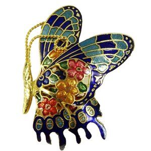Vintage Cloisonne Butterfly Large Brooch Blue Red Yellow